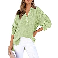 BTFBM Women Button Down Long Sleeve Shirts Tops V Neck Side Slit Loose Blouses Dressy Casual Textured Cotton Shirt Top