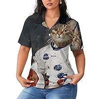 Space Astronaut Moon Cat Fashion Golf T Shirts for Women Business Casual Blouses Short Sleeve Tees Tops Workout