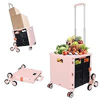 FELICON SELORSS Folding Utility Cart Portable Rolling Crate Handcart with Stair Climbing Wheels&360°Swivel Wheels Telescoping Handle Plastic Box Dolly for Travel Shop Move Office Teacher Use(Pink)