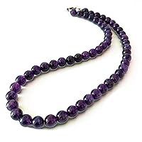 22 inch Long Round Shape Smooth Cut Natural Amethyst 8 mm Beads Necklace with 925 Sterling Silver Clasp for Women, Girls Unisex