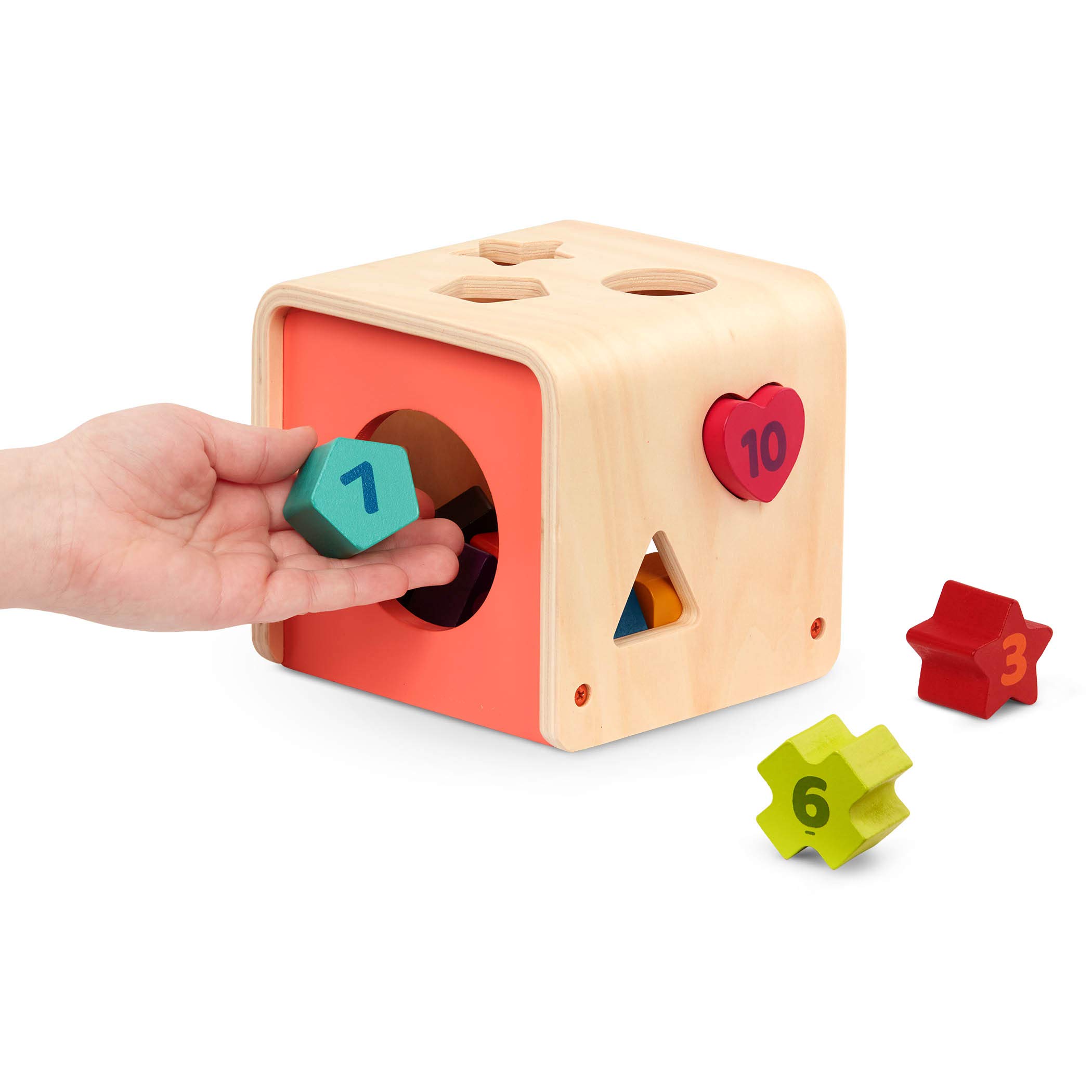 Battat – Shape Sorter for Toddlers, Kids – Wooden Learning Cube – Sorting Toy – 10 Colorful Wood Shapes with Numbers – Count & Sort Cube – 1 Year + , Orange