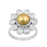 1.1 CT South Sea Pearl Flower Ring with Polki Diamond 925 Sterling Silver Platinum Plated Handmade Jewelry Gift for Women
