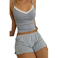 BHMAWSRT Women's Girls 2PCs Pajamas Sets Y2k Lace Trendy Sleeveless Heart Print Cami Tops and Shorts Matching Sleepwear
