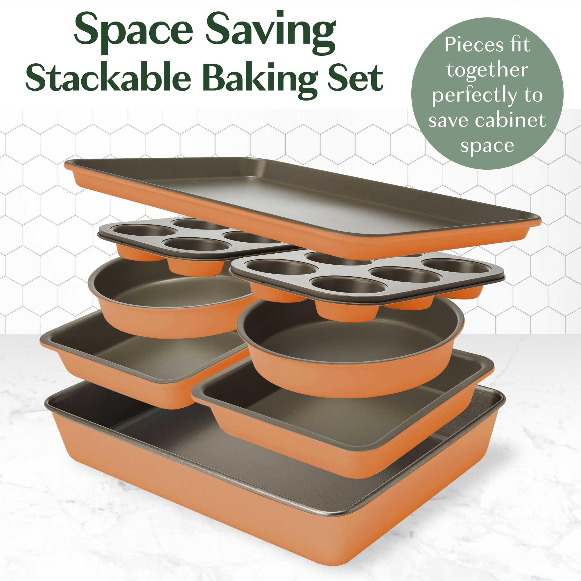 Goodful All-In-One Nonstick Bakeware Set, Stackable and Space Saving Design includes Round and Square Pans, Muffin Pans, Cookie Sheet and Roaster, Dishwasher Safe, 8-Piece, Terracotta