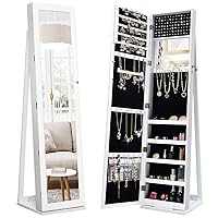 COSTWAY Jewellery Cabinet, Mirror Cabinet with Full Length Mirror and Built-in Makeup Mirror, Lockable, Standing, Jewellery Storage, Jewelry Organizer (White)