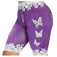 Cenlang Bermuda Shorts for Women Plus Size Capri Yoga Shorts Butt Lift High Waist Ripped Jean Print Leggings with Pockets