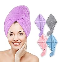 Microfiber Hair Towel Wrap for Women Wet Hair,4 Pack Ultra Soft and Quick drying Hair turbans with Button Closure, Super Absorbent Head Towel Suitable for all hair types(Purple + grey + pink + blue)