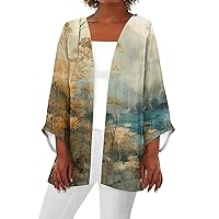 Summer Sweaters for Women Kimono Cardigans for Women 2024 Summer Floral Print Draped Open Front with Long Puff Sleeve Cruise Outfits Gold Medium