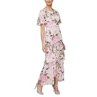 S.L. Fashions Women's Long Printed Cowl Neck Maxi Dress with Flutter Sleeves, Tiered Skirt and Embellishment at Shoulders