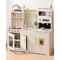 Tiny Land Play Kitchen for Kids, Toy Kitchen Set with Plenty of Play Features, New Modern Kids Wooden Play Kitchen Designed in Trendy Home Style with Curtains, Gift for Ages 3+