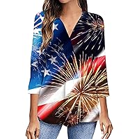 4th of July Women Patriotic Celebration Tunic Tops 3/4 Sleeve Lapel V Neck T-Shirts Summer Star Stripe Casual Tees