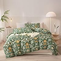 King Duvet Cover Green Floral 100% Cotton Duvet Cover Set Botanical Yellow and White Flowers Pattern 3 Piece Bedding Set with Zipper Closure Corner Ties,Durable,Breathable,Easy Care