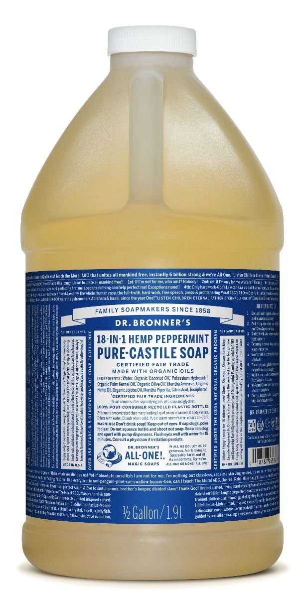 Dr. Bronner's - Pure-Castile Liquid Soap (Peppermint, 64 ounce) - Made with Organic Oils, 18-in-1 Uses: Face, Body, Hair, Laundry, Pets and Dishes, Concentrated, Vegan, Non-GMO