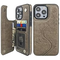Vaburs Compatible with iPhone 15 Pro Max Case Wallet with Card Holder,Embossed Butterfly Pattern PU Leather Double Buttons Flip Protective Shockproof Cover for Magnetic Car Mount 6.7 Inch (Gray)