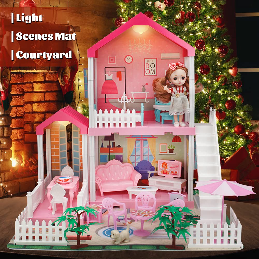 Doll House Dreamhouse for Girls,STEM Dollhouse DIY Building Toys with Play Mat,Lights,Furniture,Accessories,Doll,Pets,Best Pretend Play House Gift for 3 4 5 6 7 Year Old Kids Girls (3 Rooms Playhouse)