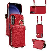 Furiet Wallet Case for Samsung Galaxy S23 FE 5G with Shoulder Strap Ring Buckle, Luxury PU Leather Zipper Flip Organ Purse, Credit Card Holder Stand Phone Cover for S 23 EF S23FE 23S Women Men Red