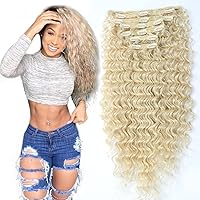 Clip in Hair Extensions Synthetic hair Clip in 140G 7Pcs/Lot Japanese Heat Resistant Fiber Hairpieces Deep Wave/Body Wave/Straight hair (Deep Wave, Bleach Blonde 613#)