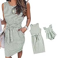IFFEI Mommy and Me Dresses Womens Summer Sleeveless Striped Girls Dress Casual Tie Waist Mini Matching Family Dresses