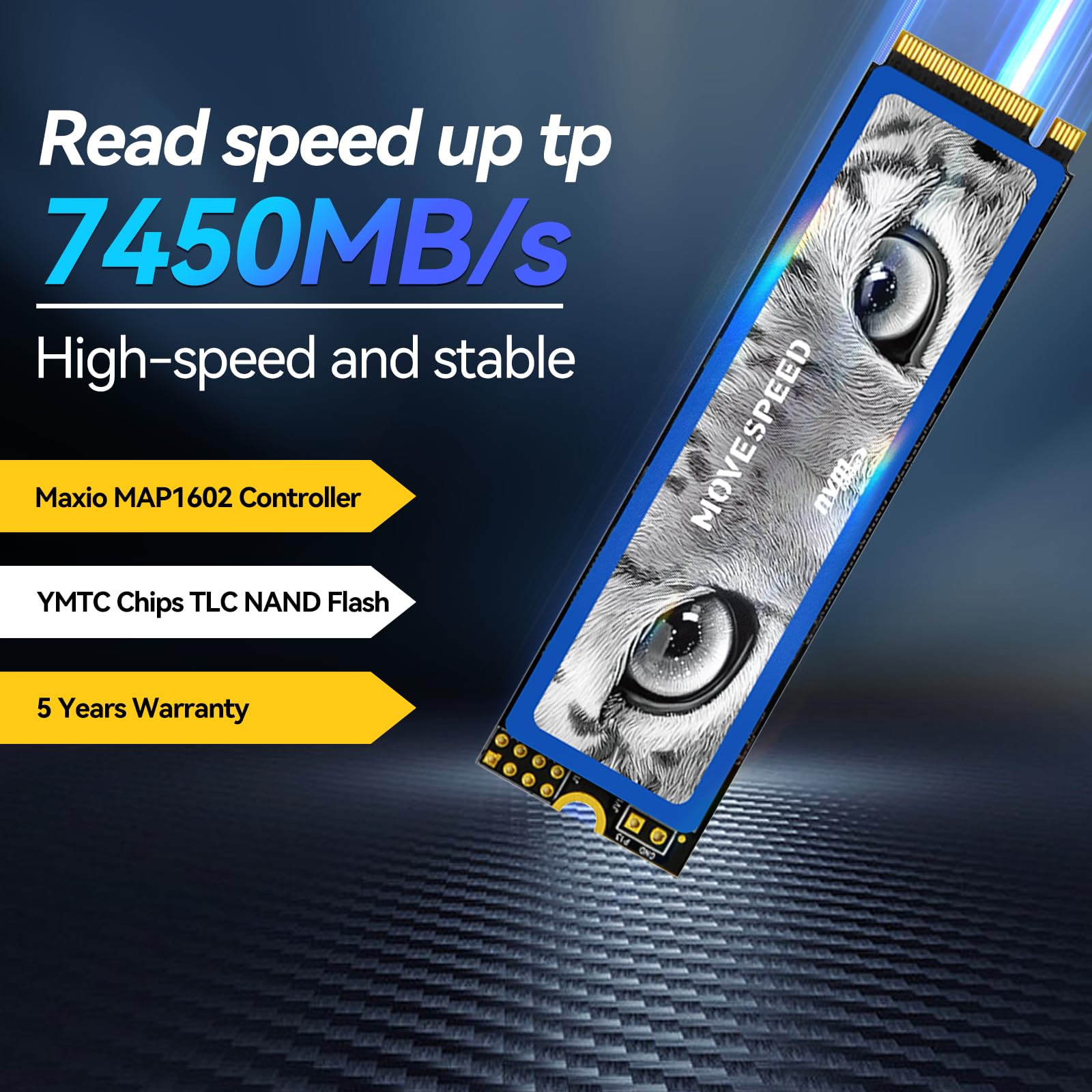 MOVE SPEED HB7450 2TB SSD for PS5 with Heatsink, PCIe 4.0 NVMe M.2 Internal Solid State Drive - Up to 7450MB/s, 3D NAND Storage Expansion Compatible with PS5, Desktops and Laptops