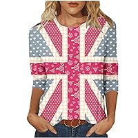 Women Flower UK Flag Shirts 3/4 Sleeve Crewneck Casual Tee Tops United Kingdom British Flag Loose Pullover Blouses