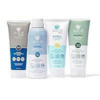 Aloe Up Mineral Sunscreen Lotion SPF 33, Mineral Sunscreen Spray SPF 50, Kids Mineral Sunscreen Lotion SPF 50, and Sport Sunscreen Lotion SPF 50 - Sunscreen Bundle - Reef Friendly - 4 Items