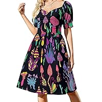 Fantastic Mushrooms Rainbow Women Elegant Maxi Dress with Sleeves,Summer Casual Dress