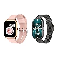 KALINCO 2 Pack Smart Watch and Fitness Tracker Bundle: P22 Gold, P76 Stainless Black with Heart Rate, Blood Oxygen Monitoring
