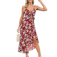 Women's Leaf Print V Neck Casual Vacation Sundress Women's Bohemian Patchwork Lace Long Floral Dresses 2024