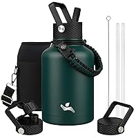 Insulated Water Bottle with Straw,50oz 3 Lids Water Jug with Carrying Bag,Paracord Handle,Double Wall Vacuum Stainless Steel Metal Flask,Dark Green