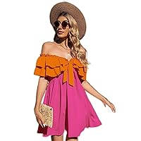 Dresses for Women - Off Shoulder Frill Knot Front Tiered Layer Dress