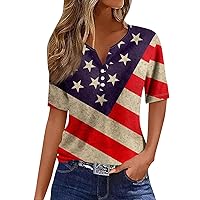 USA Shirts for Women,Independence Day Shirts for Women Short Sleeve V Neck Button Tops USA Flag Stars Stripes Print Patriotic Blouse 4th of July Shirts Women