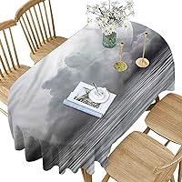 Moon Polyester Oval Tablecloth,Misty Air and Ocean Art Pattern Printed Washable Indoor Outdoor Table Cloth for Oval Table,60x84 Inch Oval,for Kitchen Dinning Tabletop