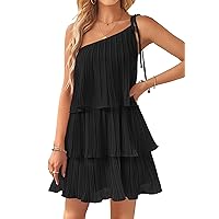 ZESICA Women's 2024 Boho Summer One Shoulder Sleeveless Ruffle Tiered Layered Chiffon Pleated A Line Flowy Mini Dress,Black,Medium