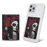 Day of The Dead Floral Skull Goth Cell Phone Card Holder for Phone Case Stick On Card Wallet Sleeve Phone Pocket for Back of Phone