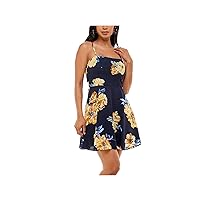 B Darlin Womens Navy Stretch Zippered Darted Tie-Back Floral Spaghetti Strap Square Neck Mini Party Fit + Flare Dress Juniors 0