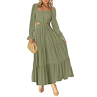 MEROKEETY Women's 2024 Long Sleeve Cutout Maxi Dress Square Neck Crossover Waist Ruffle Tiered Casual Party Dress