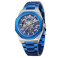BOLYTE Men's Mechanical Watch Self-Rotating Watch for Men Octagonal Case Stainless Steel Band Skeleton Design Watches