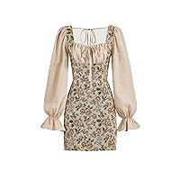 Womens Fall Fashion 2022 Floral Print Tie Front Dress (Color : Khaki, Size : X-Small)