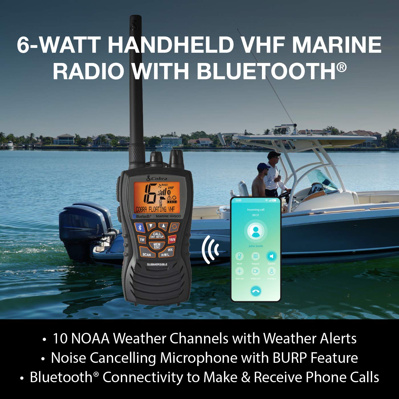 Cobra MR HH500 FLT BT Handheld Floating VHF Radio – 6 Watt, Bluetooth, Submersible, Noise Cancelling Mic, Backlit LCD Display, Memory Scan, Black