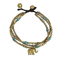 NOVICA Handmade Brass Beaded Bracelet Turquoisecolor Gems Jewelry Calcite Gold Tone Blue Charm Thailand Animal Themed Bohemian Elephant 'Thai Elephant Charm'