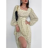 Women's Dress Dresses for Women Ditsy Floral Print Lace-up Front Lantern Sleeve Dress Dresses for Women (Color : Yellow, Size : Large)
