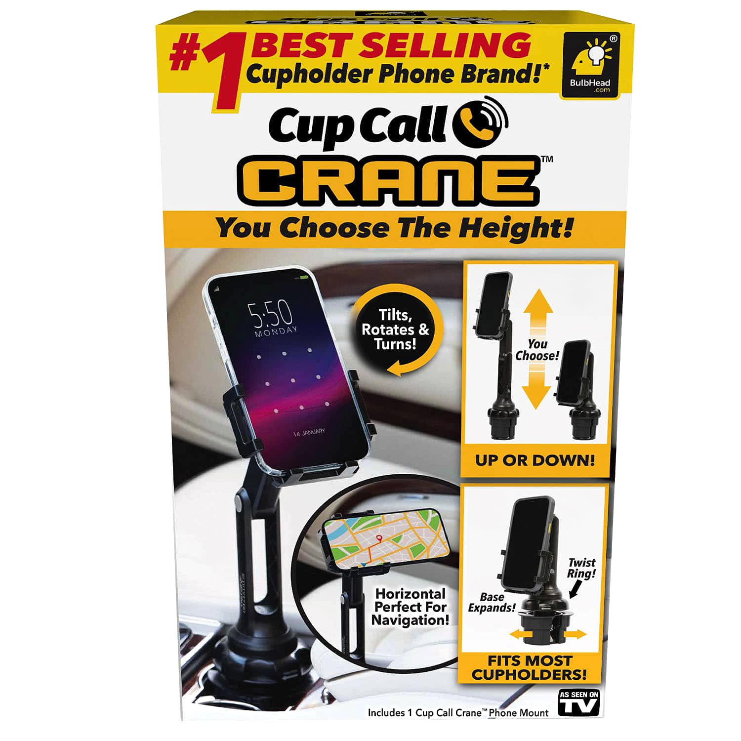 BulbHead Phone Crane Mount for Car, As Seen On TV, Ultra-Long Arm Raises Over a Foot Higher, Drive Safer, 360° Rotation, Vertical & Horizontal Adjustment, Twistable Base Fits Any Cupholder