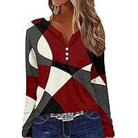 V Neck Button Down Shirts for Women Casual Long Sleeve Floral T-Shirt Trendy Henley Tops Going Out Tee Blouses