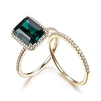 Emerald Engagement Ring Set 6x8mm Emerald Cut Emerald Ring Yellow Gold 14K Eternity Diamond Wedding Band