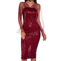 XJYIOEWT Pale Yellow Dress,Women's Sexy V Neck Long Sleeve Sequins Slit Hip Dress Holiday Party Formal Dresses for Women