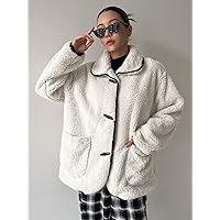 Jackets for Women Dual Pocket Contrast Binding Teddy Jacket Women's Jackets (Color : White, Size : Large)