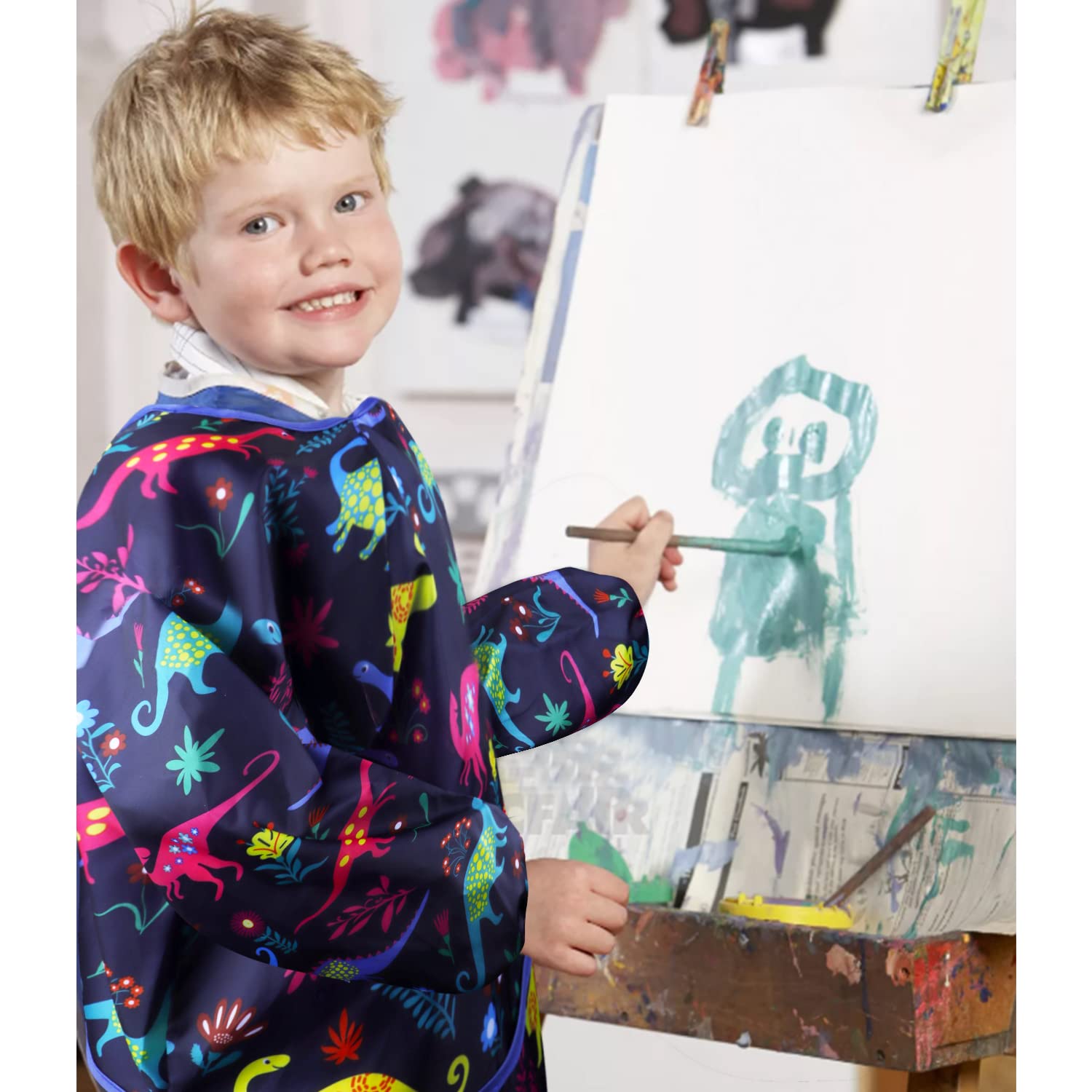 Chanaco 2 Pack Kids Art Smock Toddler Smock Waterproof Painting Apron for Children Dinosaur Artist Smock for Age 3-8 Years
