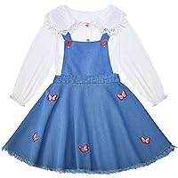Peacolate Spring Autumn Summer Girl 2pcs Dresses set Long Sleeve White Shirt and Embroidered Butterfly Denim Suspenders Dress(5-6years)