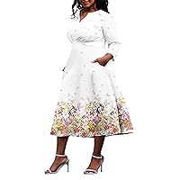 Nmoder Women's Plus Size Stretchy Flared Wrap Dress Casuel Wedding Guest Work Midi Dresses V Neck 3/4 Sleeve A-Line Dress