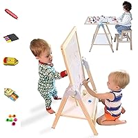 QZMTOY Kids Art Easel, Deluxe Standing Easel Set, Adjustable Art Table, Dry Erase Board&Chalkboard Double Sided Stand, 360°Rotating Drawing Easels with Art Supplies, Adjust Height 28-39in